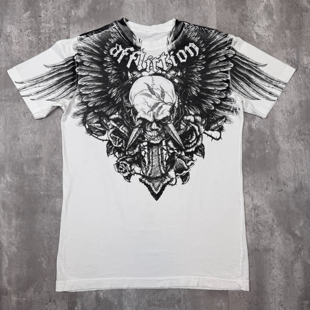 Affliction Crossed Over T-Shirt Mens Small White Grunge Skate Cyberpunk MMA Y2K